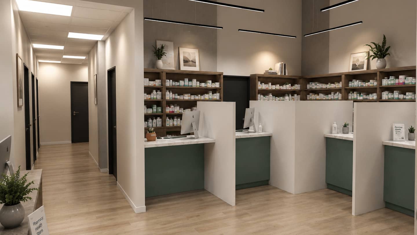 Rendering of the pharmacy: three counters with screens, and shelving behind them.